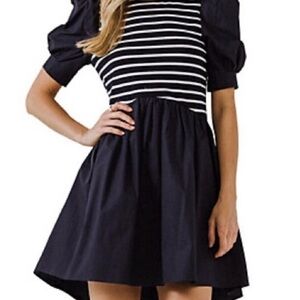 English Factory Navy and White Striped Puff Sleeve Dress